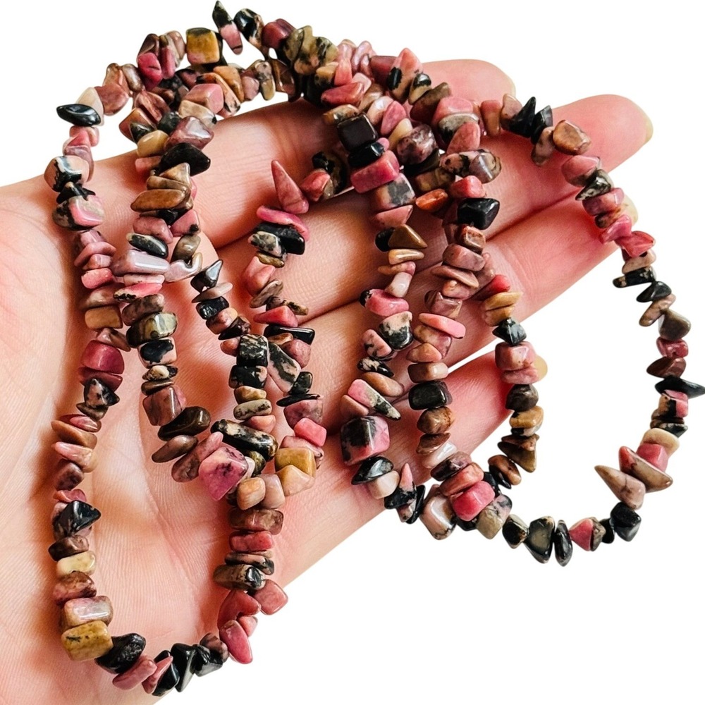 VTG pink Rhodonite Necklace natural beads BOHO Single Strand‎ Beaded real 36"